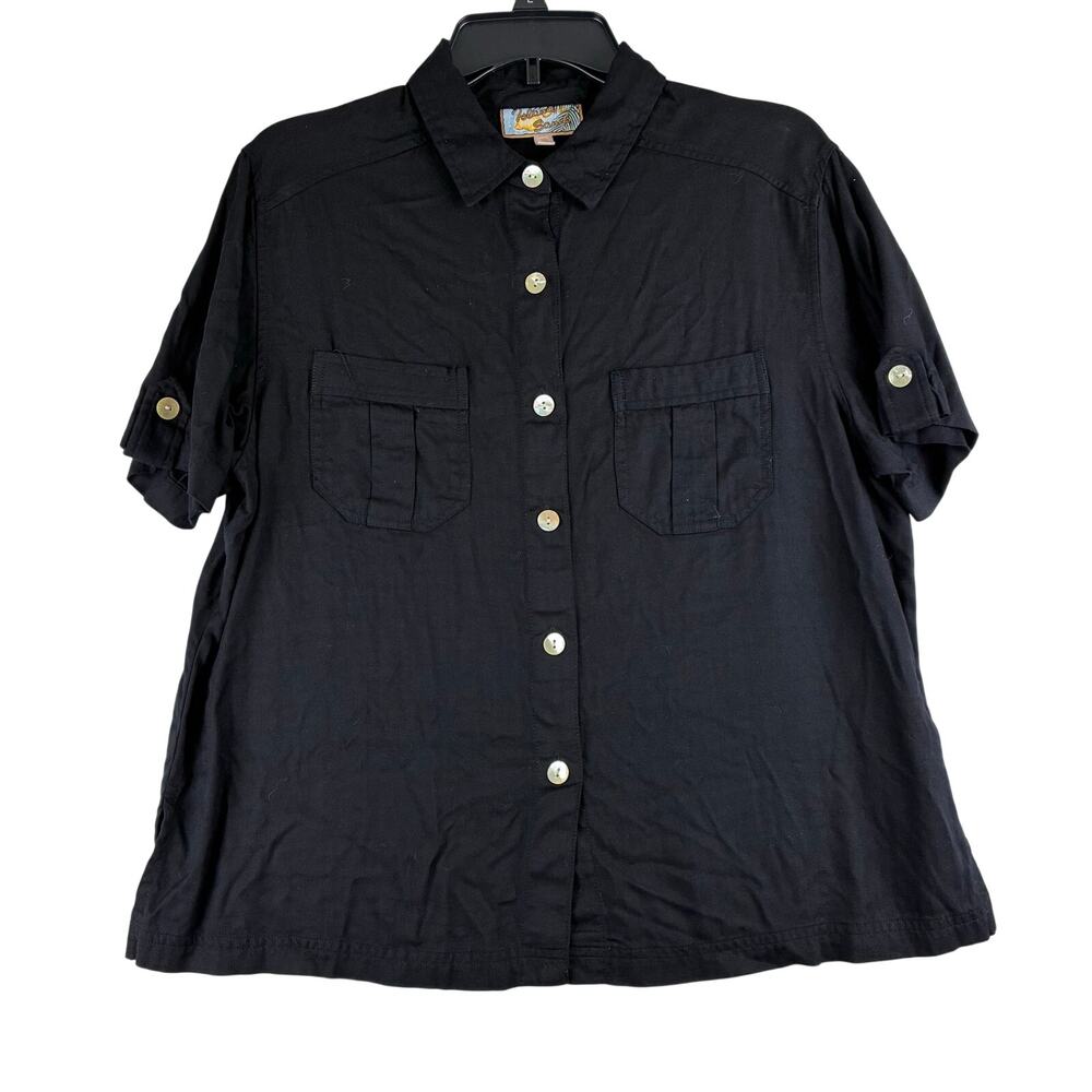 Island Sands Short Sleeve Button Up Blouse Women's XL Black Resort Vaca Utility